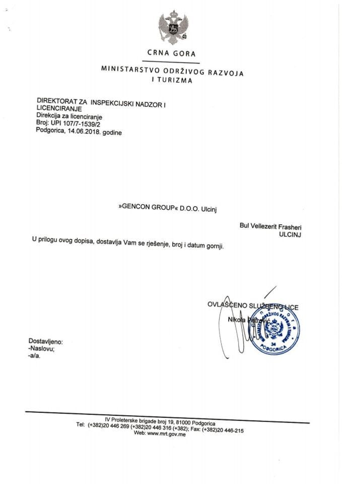 UPI-107-7-1539-2 GENCON GROUP DOO ULCINJ
