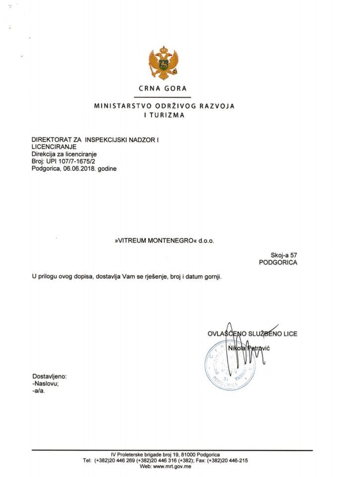 UPI-107-7-1675-2 VITREUM MONTENEGRO DOO