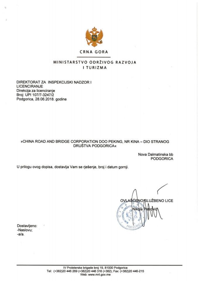 UPI-107-7-3247-2 CHINA ROAD AND BRIDGE CORPORATION DOO PEKING,NR KINA 