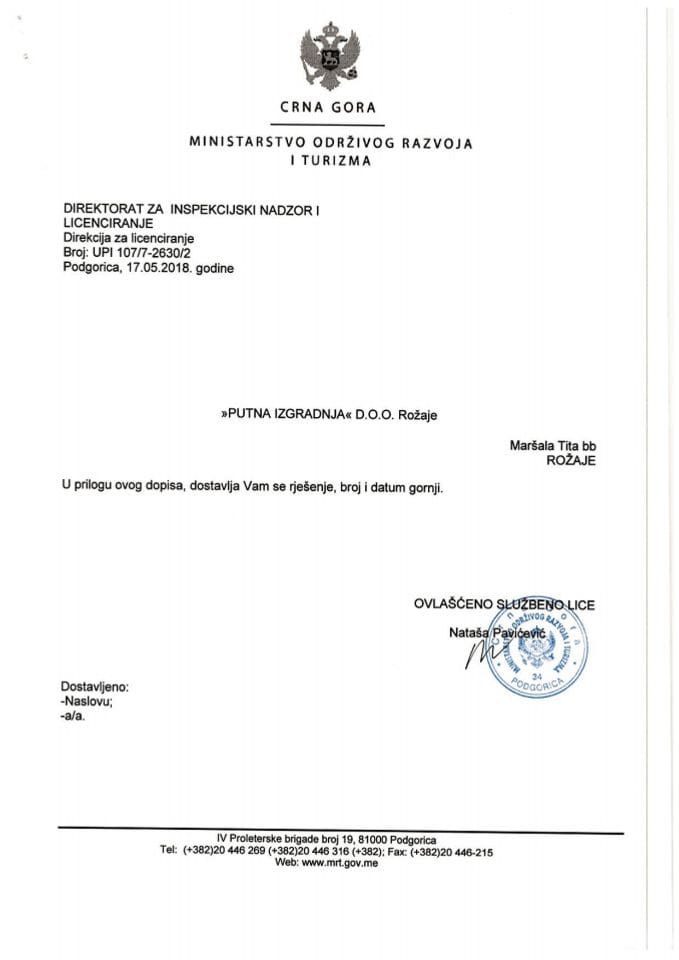 UPI-107-7-2630-2 PUTNA IZGRADNJA DOO ROŽAJE