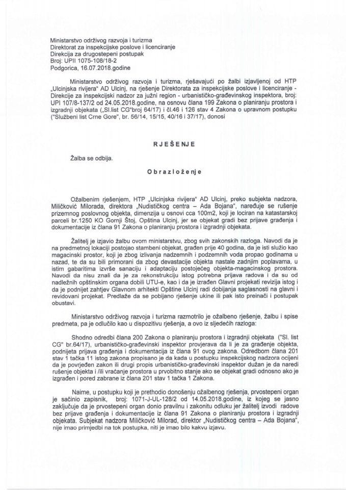 HTP ULCINJSKA RIVIJERA AD ULCINJ RJEŠENJE