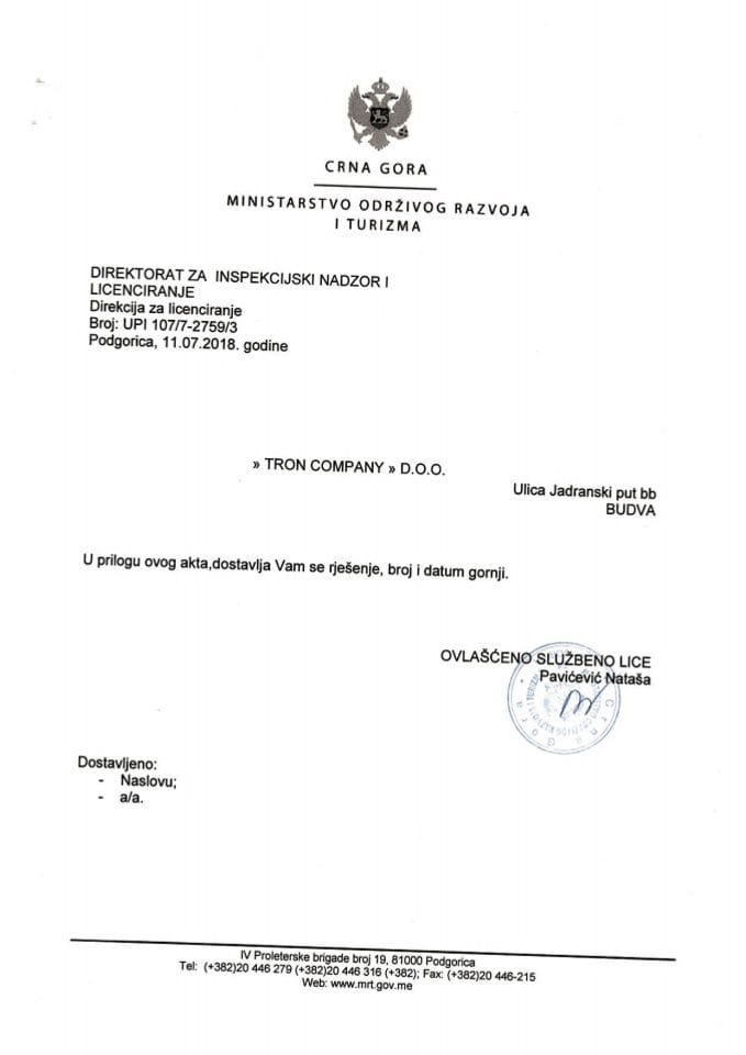 UPI-107-7-2759-2 TRON COMPANY DOO