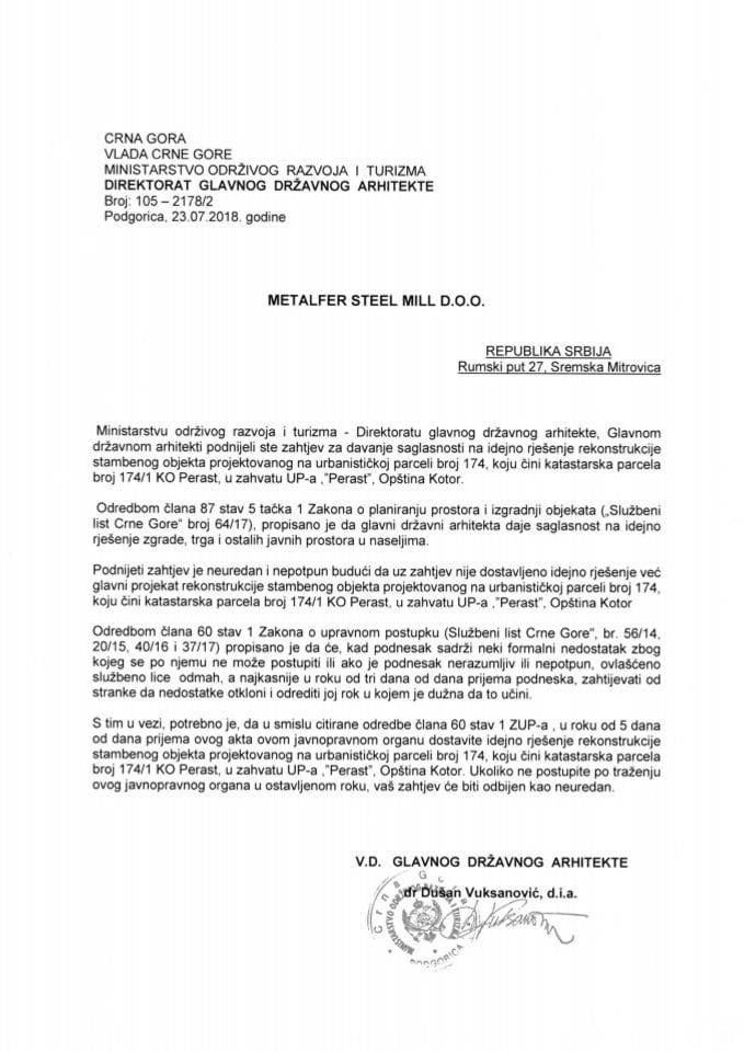 23.07.2018. Obavještenje - METALFER STEEL MILL D.O.O. - Kotor