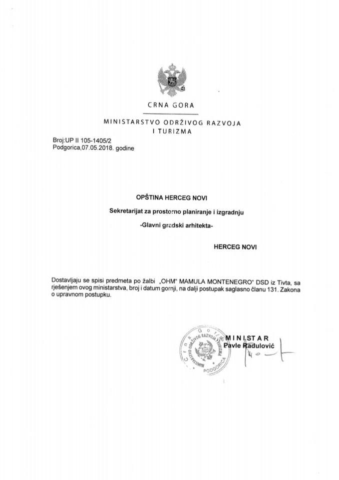 07.05.2018. Rješenje po žalbi  - Opština Herceg Novi - Sekretarijat za prostorno planiranje i izgradnju - Glavni gradski arhitekta - Herceg Novi