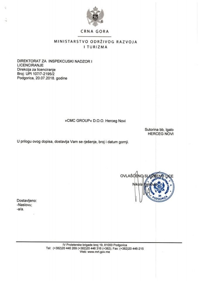 UPI-107-7-2195-2 CMC GROUP DOO HERCEG  NOVI