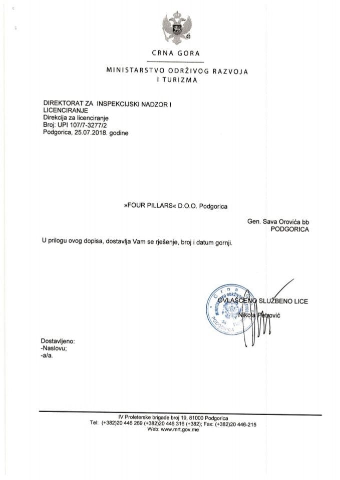 UPI-107-7-3277-2 FOUR PILLARS DOO PODGORICA