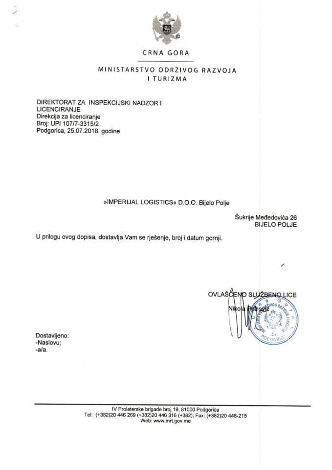 UPI-107-7-3315-2 IMPERIJAL LOGISTICS DOO BIJELO POLJE