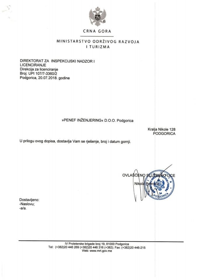 UPI-107-7-3360-2 PENEF INŽENJERING DOO PODGORICA