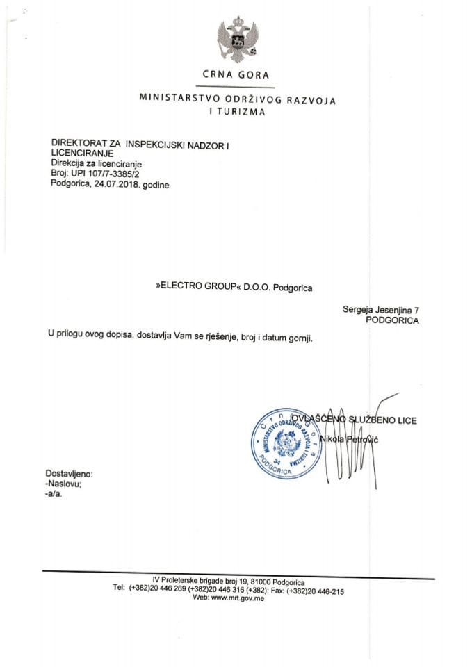 UPI-107-7-3385-2 ELECTRO GROUP DOO PODGORICA
