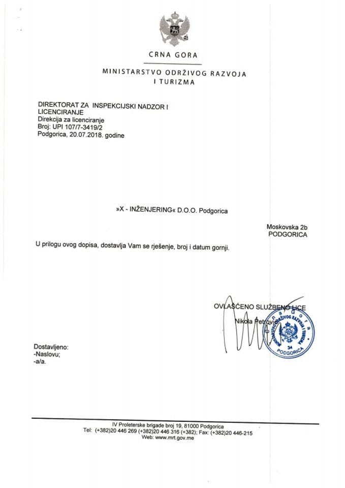 UPI-107-7-3419-2  X-INŽENJERING DOO PODGORICA