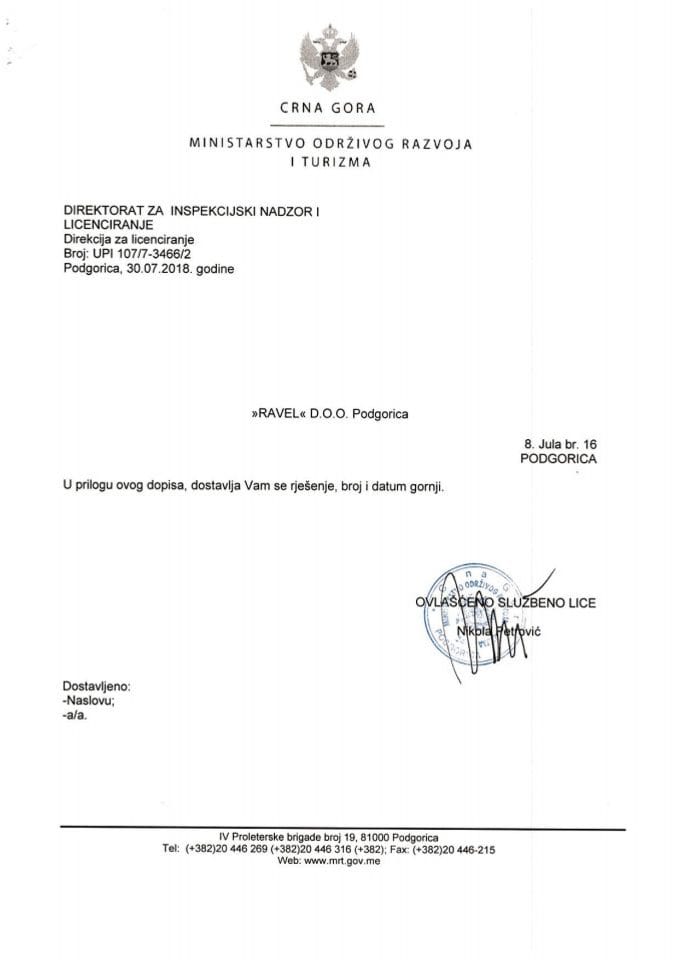 UPI-107-7-3466-2 RAVEL DOO PODGORICA