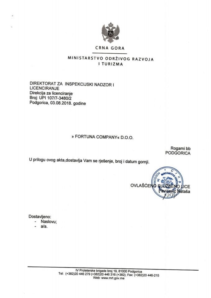 UPI-107-7-3480-2 FORTUNA COMPANY DOO