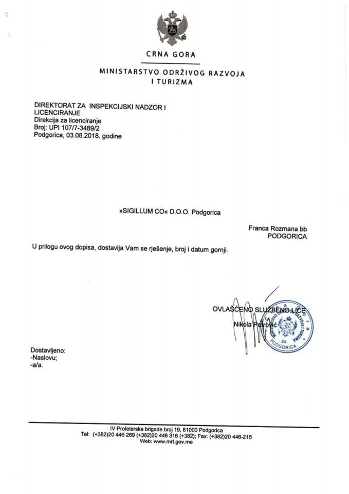 UPI-107-7-3489-2 SIGILLUM CO DOO PODGORICA