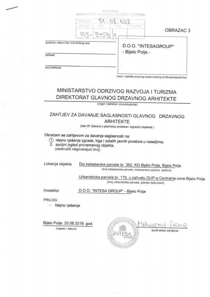 21.08.2018. Zahtjev - INTESA GROUP D.O.O. - UP 179 - Bijelo Polje