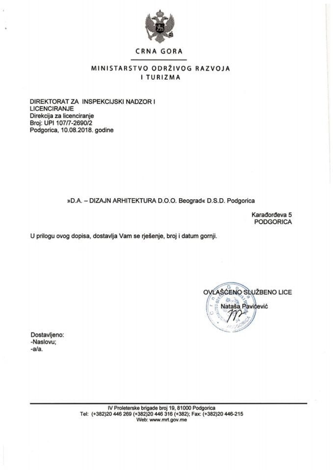 UPI-107-7-2690-2 D.A.-DIZAJN ARHITEKTURA DOO BEOGRAD D.S.D. PODGORICA