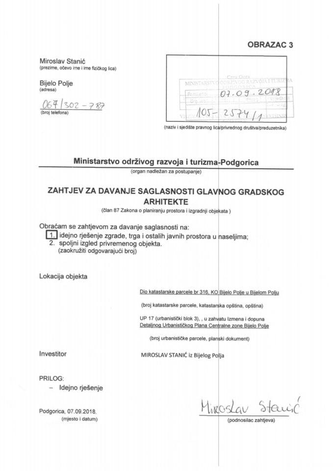 07.09.2018. Zahtjev - Miroslav Stanić - Bijelo Polje