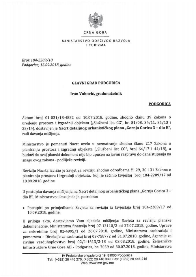 104-2209_18 Misljenje na Nacrt DUP Gornja Gorica 3-dio B, Glavni grad Podgorica