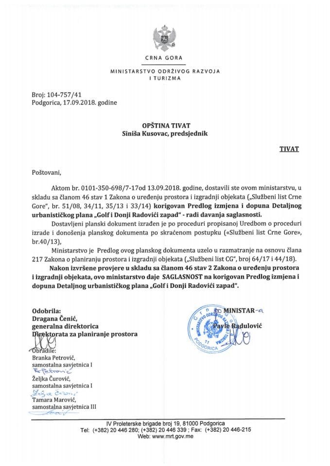 104-757_41 Saglasnost na korigovani Predlog IID DUP-a Golf i Donji Radovići zapad, Opština Tivat
