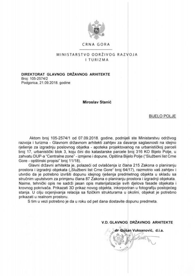 21.09.2018. Obavještenje - Miroslav Stanić - Bijelo Polje