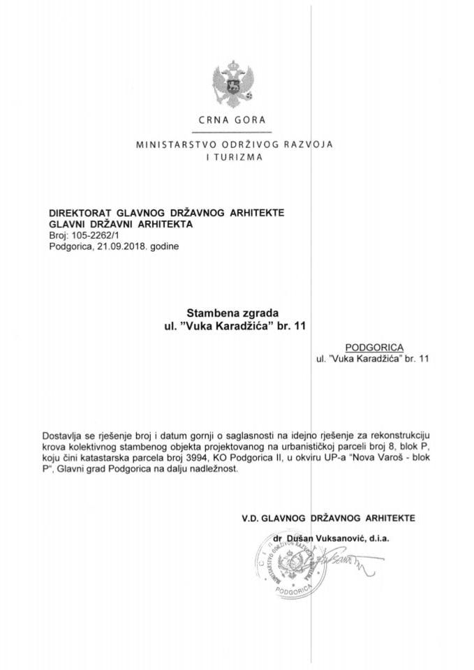 21.09.2018. Rješenje - Stambena zgrada ul. Vuka Karadžića - Podgorica