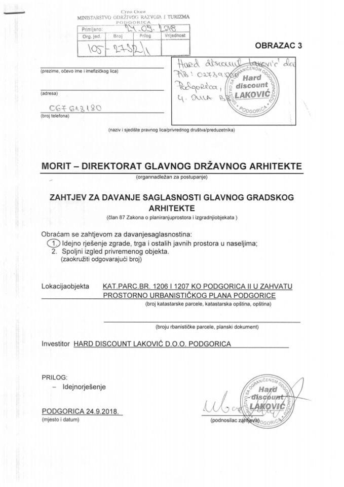 24.09.2018. Zahtjev - Hard discount Laković d.o.o. - Podgorica