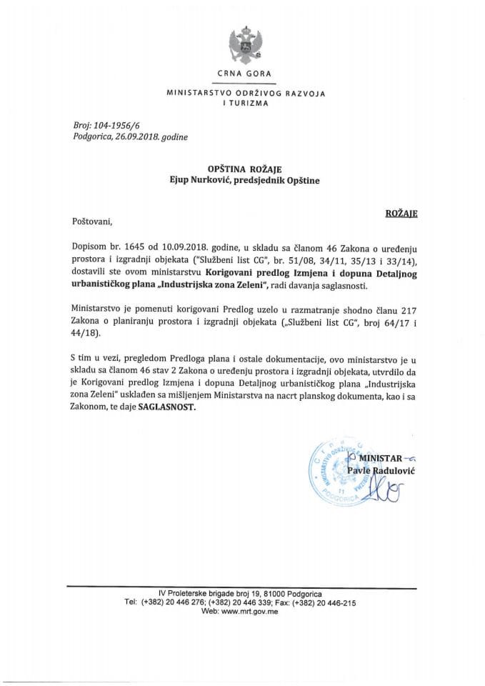 104-1956_6 Saglasnost na korigovani Predlog IID DUP-a Industrijska zona Zeleni,Opština Rožaje