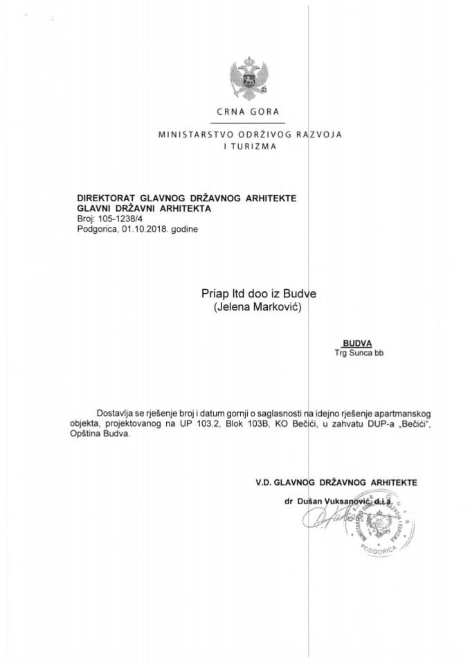 01.10.2018. Rješenje - Priap ltd d.o.o. - Budva