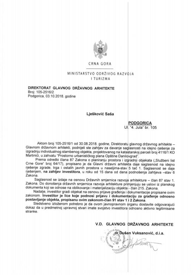 03.10.2018. Obavještenje - Lješković Saša - Danilograd