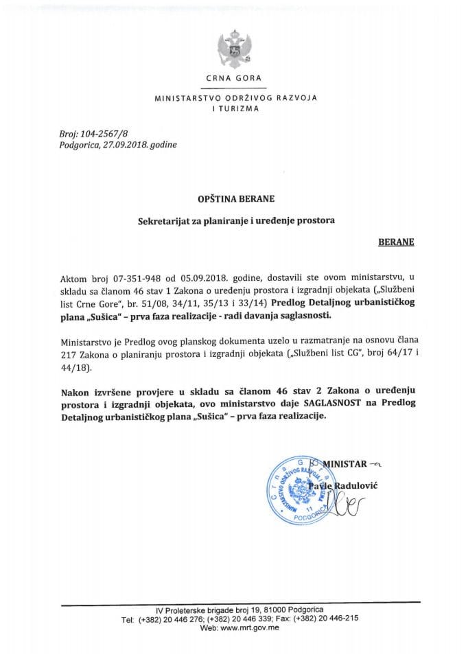 104-2567_8 Saglasnost na Predlog DUP-a Sušica-prva faza realizacije, Opština Berane