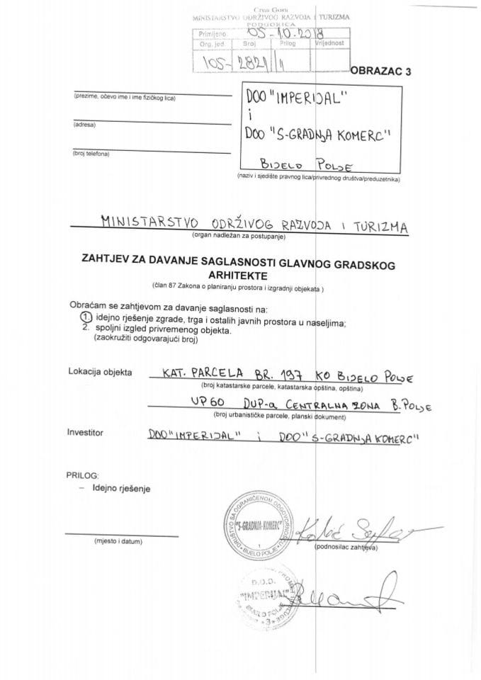 05.10.2018. Zahtjev - Imperijal d.o.o. i S - Gradnja komerc d.o.o. - Bijelo Polje