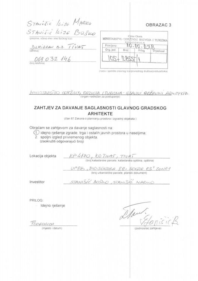 10.10.2018. Zahtjev - Stanišić Boško i Stanišić Marko - Tivat