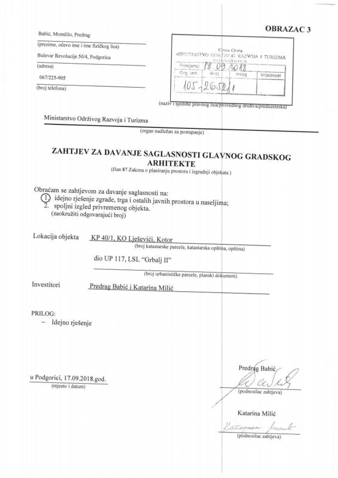 17.09.2018. Zahtjev - Predrag Babić i Katarina Milić - Kotor