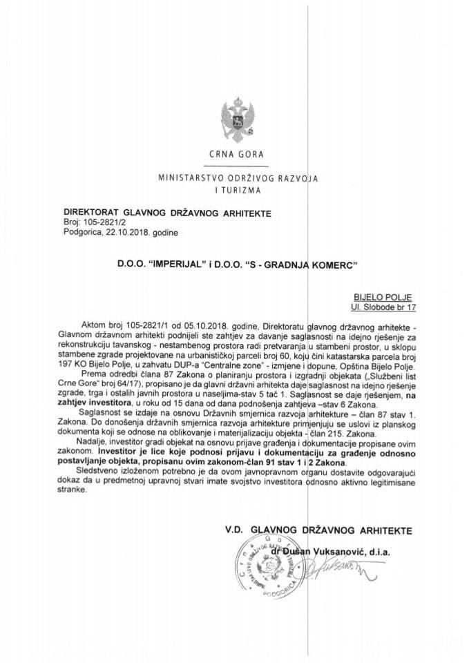 22.10.2018. Obavještenje - D.O.O. IMPERIJAL i D.O.O. S - GRADNJA KOMERC - Bijelo Polje
