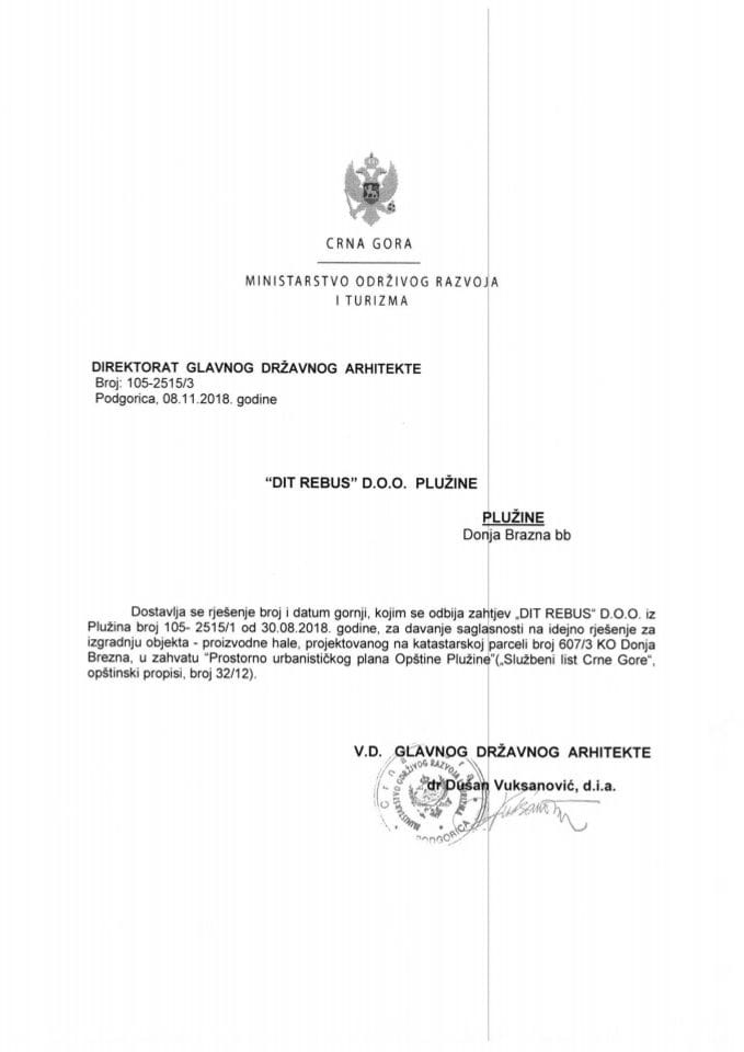 08.11.2018. Rješenje - DIT REBUS D.O.O. - Plužine