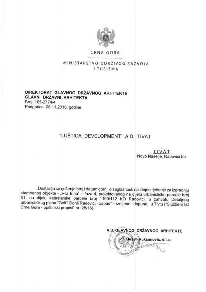 08.11.2018. Rješenje - Luštica Development A.D. - Vila Irina - Tivat