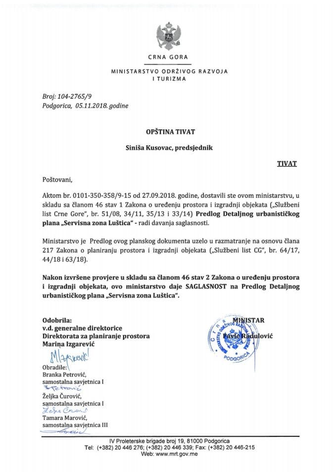 104-2765_9 Saglasnost na Predlog DUP-a Servisna zona Luštica, Opština Tivat