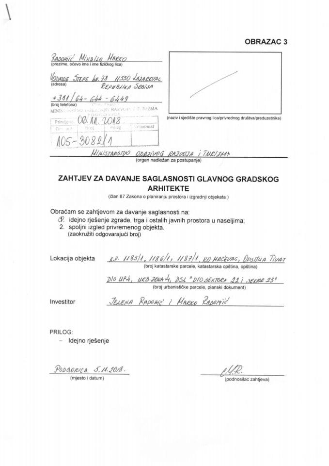 06.11.2018. Zahtjev - Jelena Radonjić i Marko Radonjić - Tivat