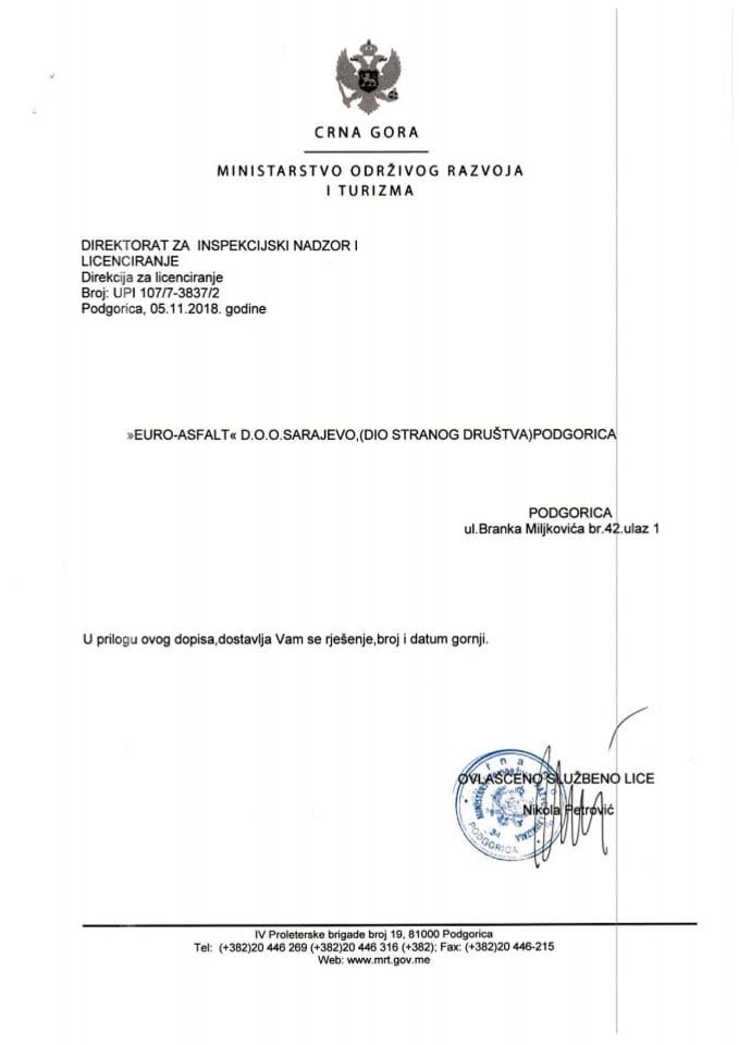 UPI-107-7-3837-2 EURO-ASFALT DOO SARAJEVO (DIO STRANOG DRUŠTVA ) PODGORICA