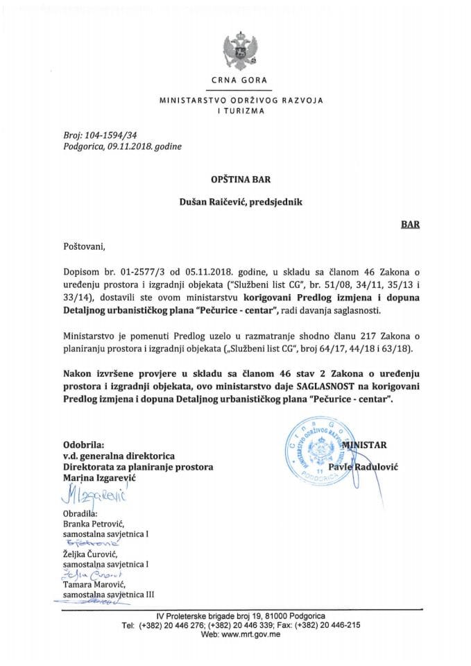 104-1594_34 Сагласност на кориговани Предлог ИИД ДУП-а Печурице-центар, Општина Бар