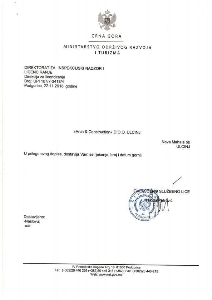 UPI-107-7-3418-4 ARCH & CONSTRUCTION DOO ULCINJ