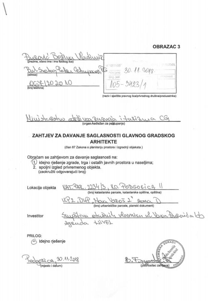 30.11.2018. Zahtjev - Skupština etažnih vlasnika u ul. Vaka Đurovića bb - Podgorica