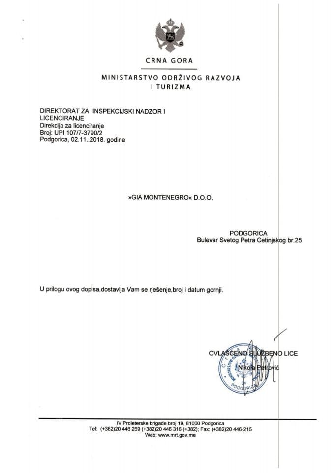 UPI-107-7-3790-2 GIA MONTENEGRO DOO
