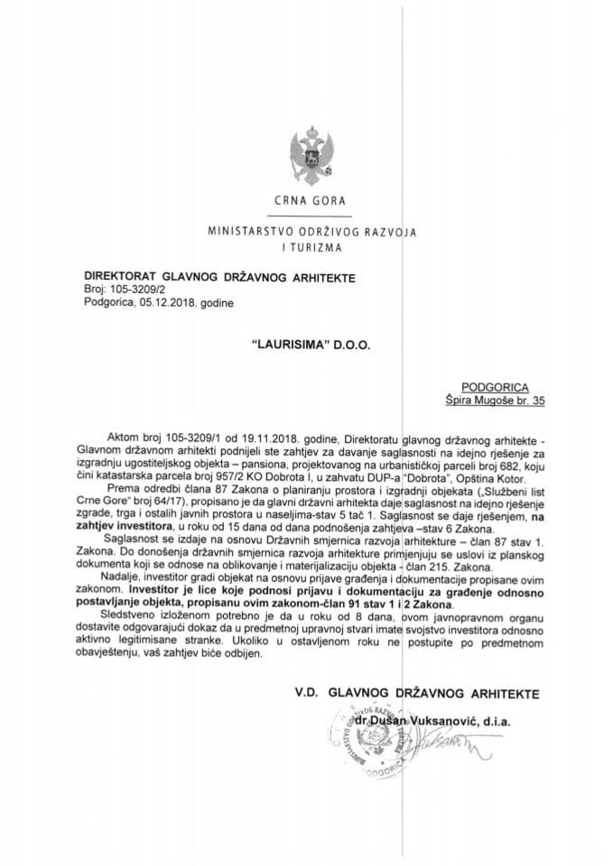 05.12.2018. Obavještenje - LAURISIMA D.O.O. - Kotor