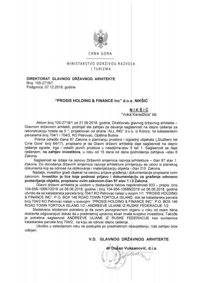 07.12.2018. Obavještenje - Prosis holding & finance lnc d.o.o. - Budva