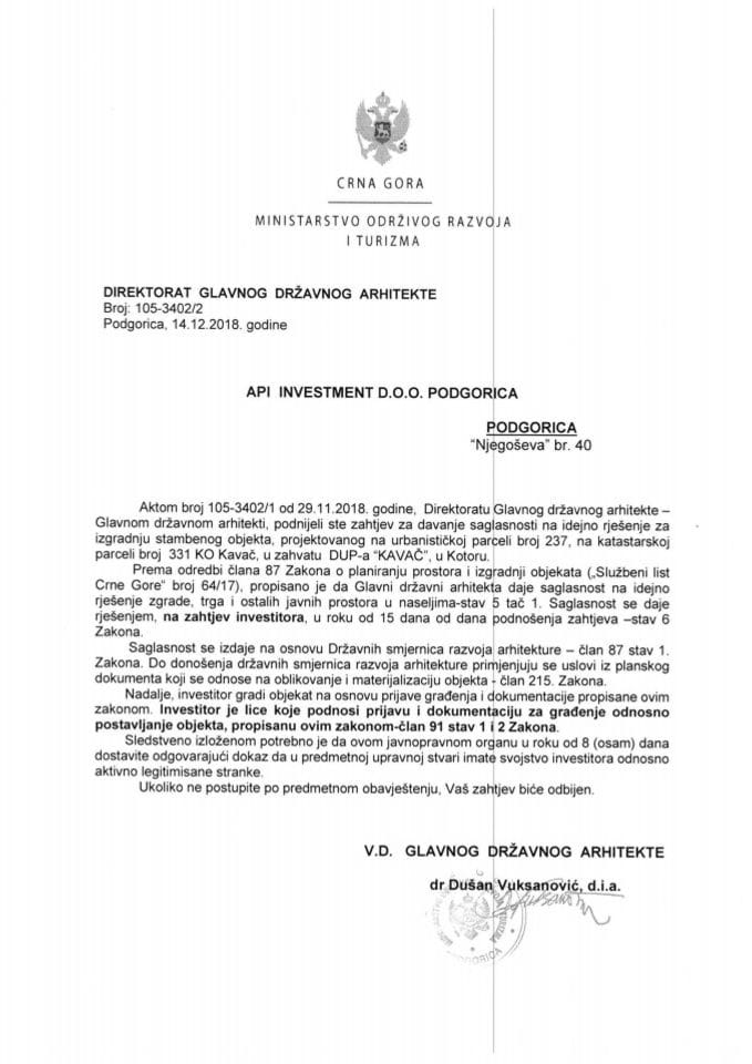 14.12.2018. Obavještenje - API INVESTMENT D.O.O. - Kotor