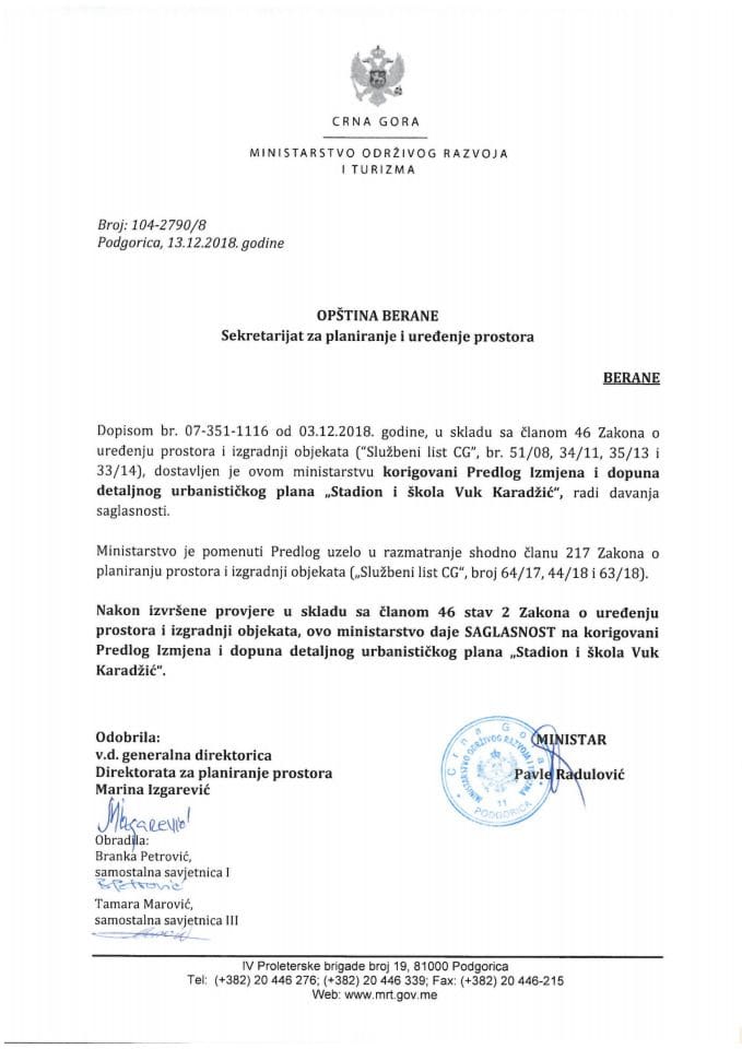 104-2790_8 Saglasnost na korigovani Predlog IID DUP-a Stadion i škola Vuk Karadžić,Opština Berane