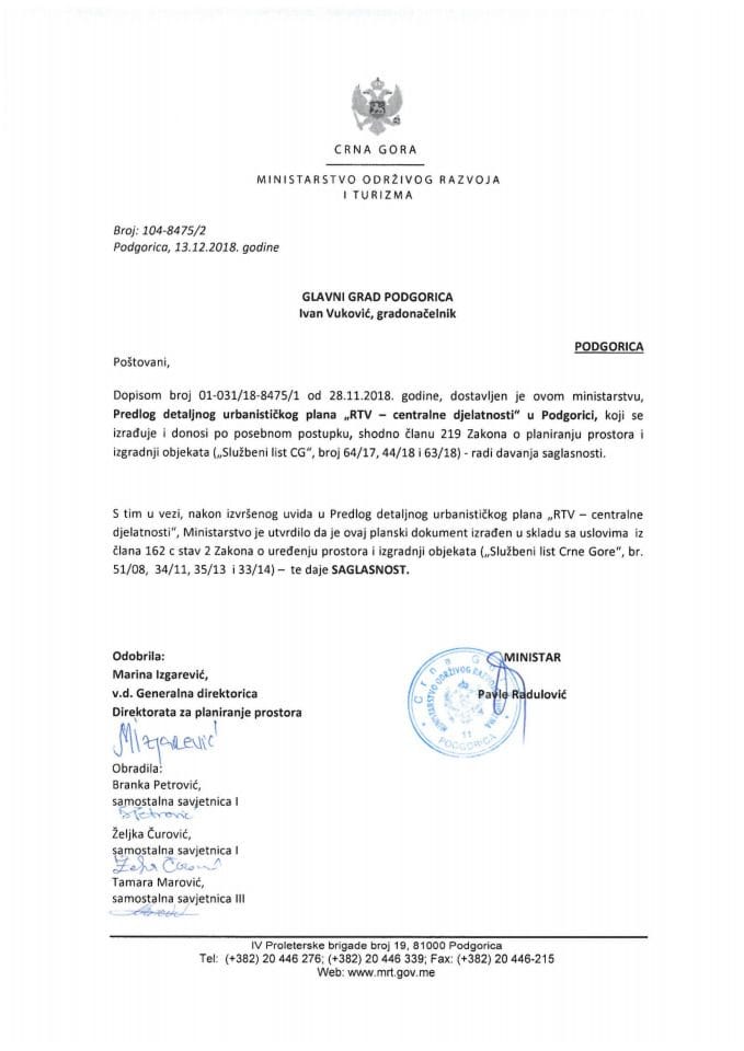 104-8475_2 Сагласност на Предлог ДУП-а РТВ-централне дјелатности, Главни град Подгорица