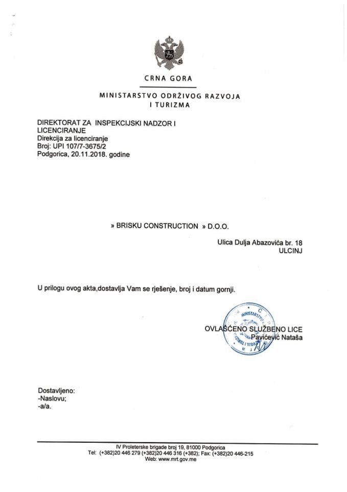 UPI-107-7-3675-2 BRISKU CONSTRUCTION DOO