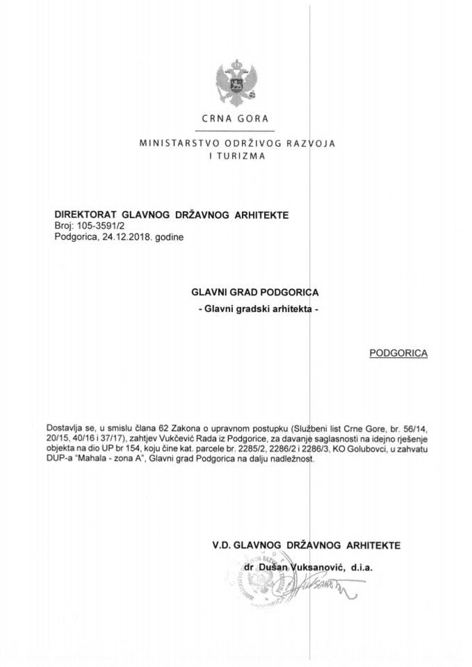 24.12.2018. Obavještenje - Glavni grad Podgorica - Glavni gradski arhitekta - Vukčević Rade - Podgorica