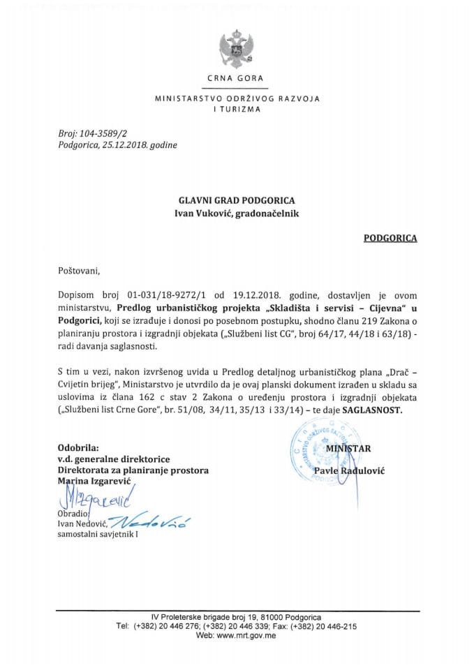 104-3589_2 Сагласност на Предлог УП-а Складишти и сервиси-Цијевна, Главни град Подгорица